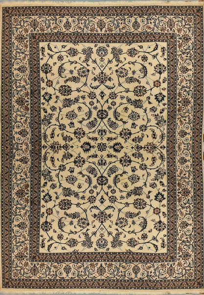 Full view of 8×11 Persian Nain rug with beige background and blue motif accents