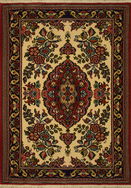Overall view of the 2'5" x 3'5" Persian Qum Kork Rug, showcasing its fine craftsmanship and detailed patterns