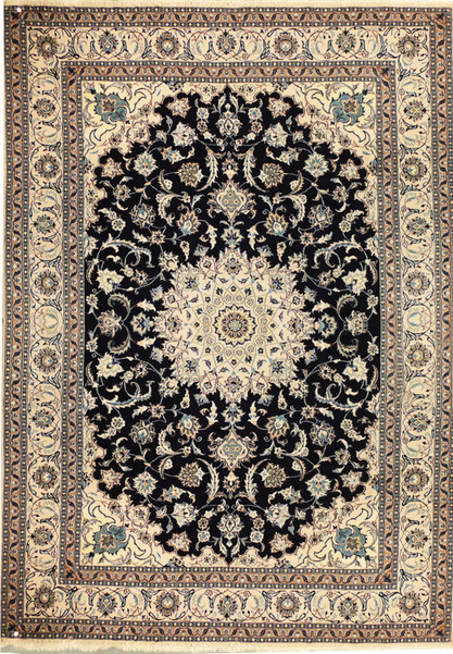 Full view of 8′1″ × 11′4″ Persian Nain rug with beige field and navy medallion