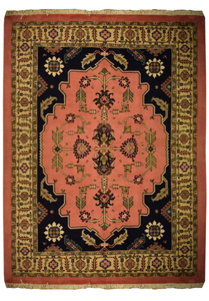 Unique 5'9" x 8'4" Persian Tabriz rug displaying a rich salmon-pink field with navy blue floral accents and intricate border details.