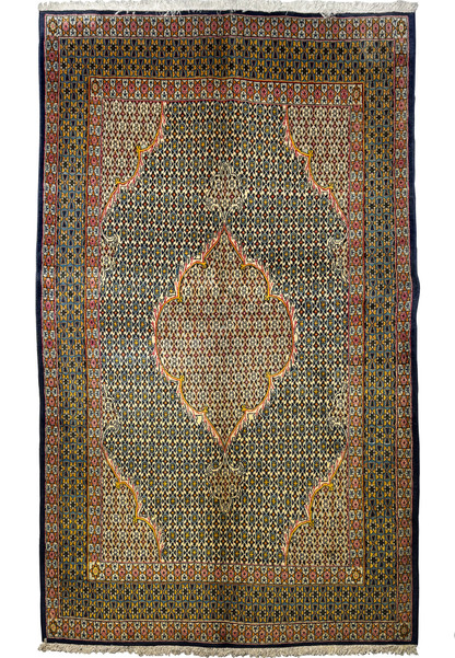 Exquisite full view of 4'5 x 7' Persian Qum Kork and Silk Rug with intricate patterns