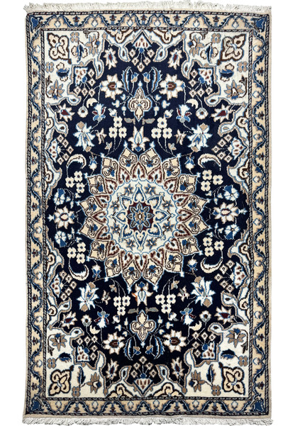 Hand-knotted Persian Nain rug with navy blue field and intricate floral medallion design in 3x5 size