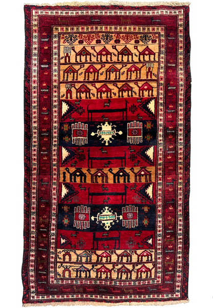 Full view of a 3x5 Persian Baluch Tribal rug with vibrant red background and traditional tribal patterns