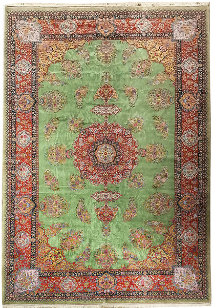 Exquisite 11'1" x 17'3" Persian Tabriz rug with central medallion design on a sage green field, bordered by intricate floral patterns