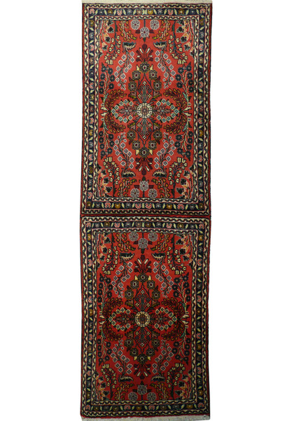 Full-length view of a Persian Darjazin runner rug with a deep red central field bordered by intricate guard borders.