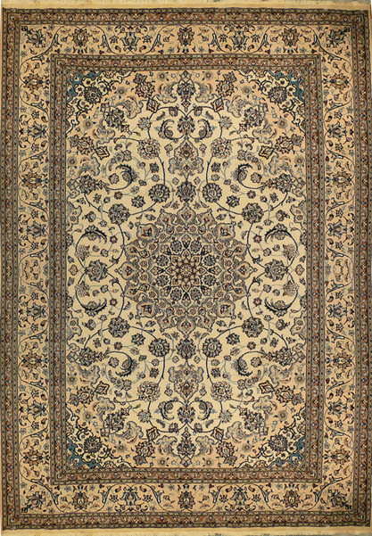 Full view of 8'2 x 11'5 Persian Nain rug with beige field and navy medallion