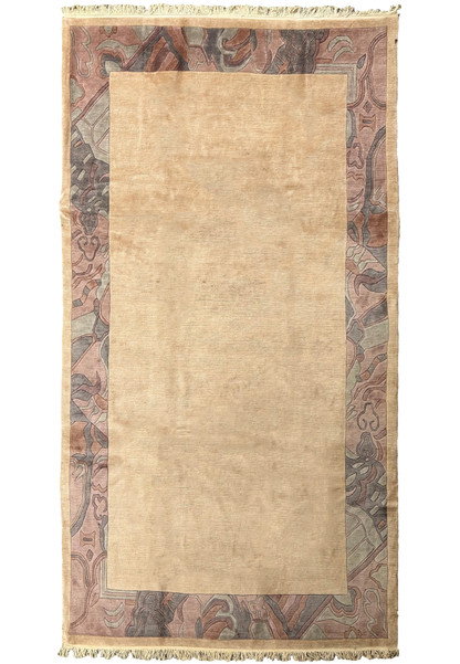 Top-down view of a 7x13 Modern Royal Tibetan beige rug with detailed patterned border.