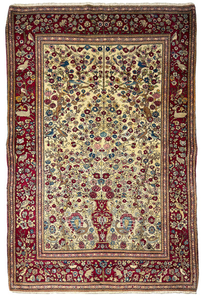 An intricate Antique Persian Farahan rug displayed in full view, showcasing its rich burgundy borders and a diverse floral pattern against an ivory background.