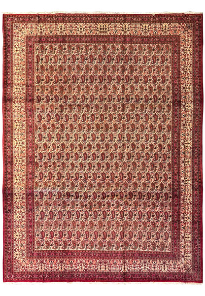 Full view of a 10x14 Persian Moud Rug on a flat surface, highlighting the symmetrical arrangement of traditional motifs and the harmonious blend of colors in the dense pattern work.