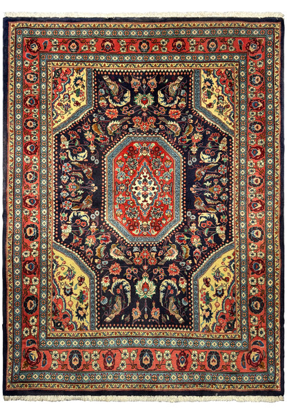 Full view of the Persian Bidjar Rug highlighting the detailed central medallion and elaborate floral designs on a deep navy background.