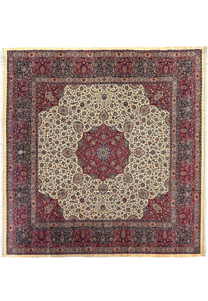 Top-down view of an exquisite, pre-revolution 20x20 Persian Square rug, featuring intricate floral motifs and a grand central medallion, in rich hues of red, blue, ivory, and gold, with an elaborate border showcasing traditional Persian designs