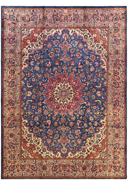Top view of a 10x13'5 Persian Mashad Rug showcasing a detailed central medallion with crimson red, navy blue, and ivory floral patterns