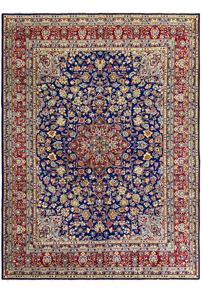 Detailed view of a 10 x 13'6 Persian Kerman Rug, approximately 50 years old, showcasing its intricate floral pattern and vibrant colors, in like-new condition, never used