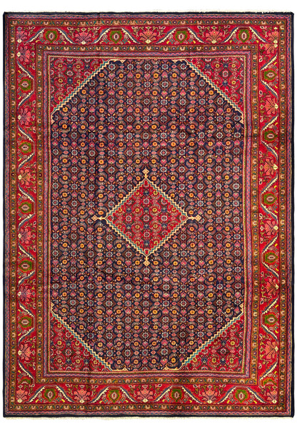 Top view of a 9'3 x 12'9 Persian Mahal Rug showcasing intricate floral and geometric patterns in rich navy and red colors. The central field features a complex array of floral motifs set against a dark navy background, while the vibrant red border is adorned with detailed geometric and botanical designs. The craftsmanship is highlighted by the harmonious balance of colors, creating a visually striking and elegant piece suitable for any sophisticated interior.