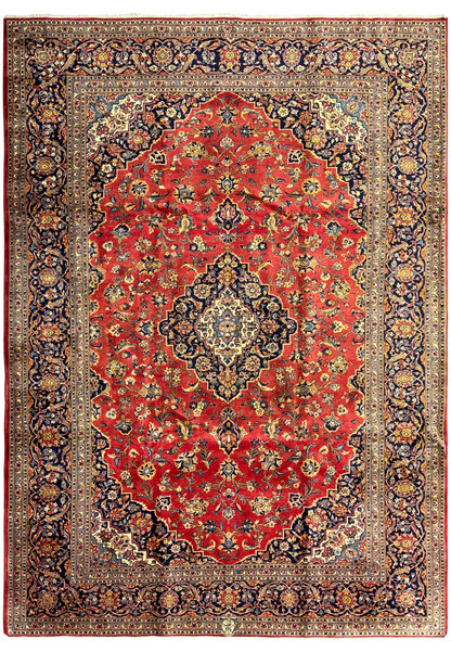 Close-up view of a beautiful 9'2" x 12'5" Persian Kashan rug, showcasing its vibrant red field adorned with intricate floral patterns and a central medallion. The rug features a rich palette of blues, golds, and ivory, highlighting the detailed craftsmanship and high knot density typical of Kashan rugs. The ornate border complements the central design, adding depth and elegance. This image captures the exquisite details that make this Persian rug a stunning piece of home decor.