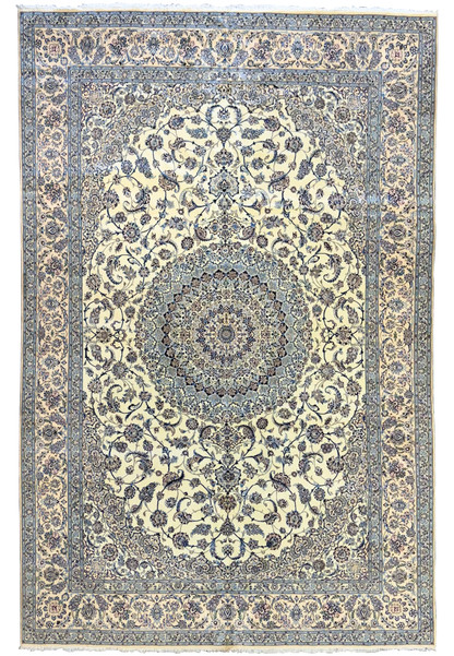 Top view of a 13 x 20 Persian Nain 9LAA Wool & Silk Rug with intricate floral medallion and border design