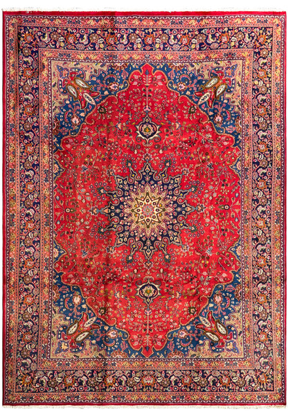 Overhead view of a 10 x 12'4 Persian Mashad rug showcasing its intricate central medallion and vibrant red field.