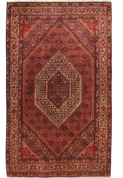 Full view of a 5 x 8'8 Persian Bijar Rug displaying rich red, ivory, and navy blue colors with a hexagonal medallion.