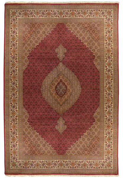 Full overview of the 6'8 x 10 Persian Tabriz Mahi Rug laid down, highlighting the central medallion and intricate motifs.