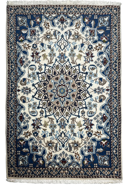 Full view of a 3 x 4'6 Nain Persian Rug with intricate medallion design and floral patterns in cream, blue, and brown hues.