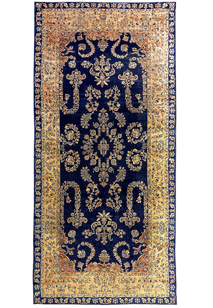8'9 x 19'6 Persian Kerman Lavar rug full view with intricate floral patterns and navy blue field