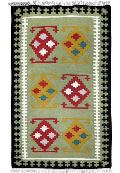 Full view of 3 x 5'2 Persian Kilim Rug showcasing diamond motifs
