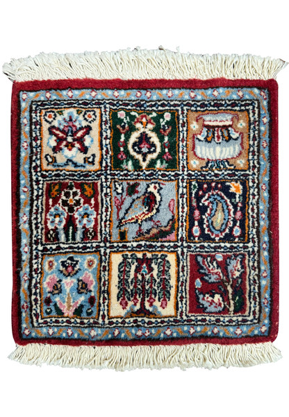 Full view of 1' x 1'2 Persian Moud Baby Rug with intricate motifs in a grid pattern.