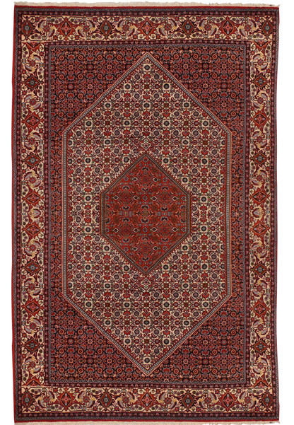 Full view of 6'5 x 9'11 Persian Bijar rug with central medallion and ivory borders.