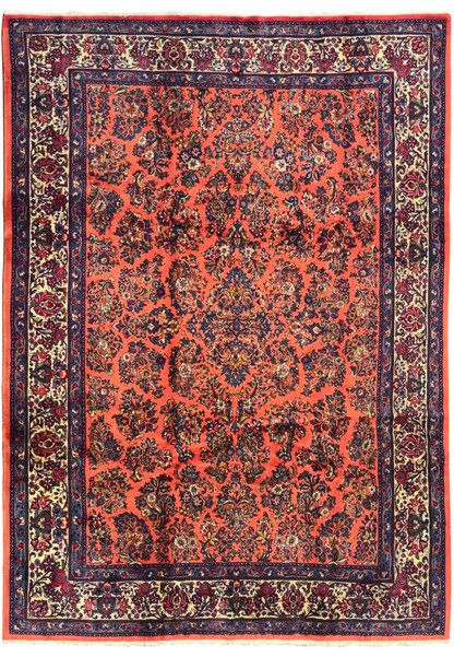 8'5 x 11'3 Persian Sarough rug with burnt coral red field, navy and ivory floral borders, hand-knotted wool, traditional all-over floral design.