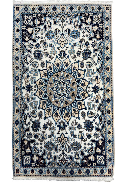 Full view of 2'9 x 4'10" Ivory Nain Persian Rug with ivory field and navy border