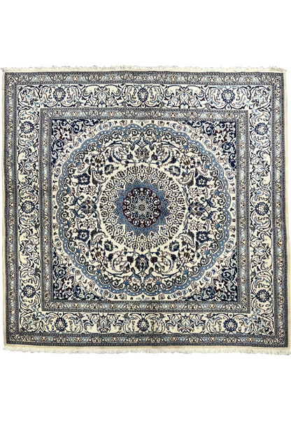 Full view of Square 6'7x6'7 Persian Nain Rug with ivory field and central medallion design