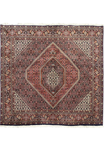 Full overhead view of 6'5" × 6'2" square Bijar Persian rug showing rust, navy, and ivory medallion pattern with floral lattice and ornate borders.