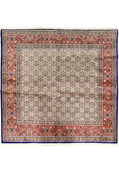 Full view of 6'4 x 6'6 square Persian Moud rug showing ivory Herati field and red floral border.