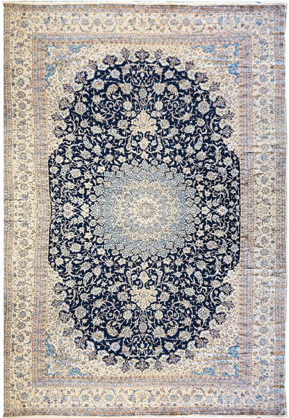 14x25'6 Majestic Nain 9 LA Persian rug full view showing navy blue field and ivory borders.