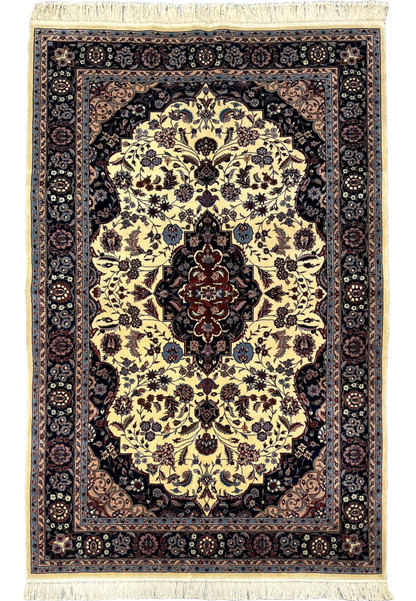 5'2 x 8 Persian Tabriz rug with ivory field, central medallion, and dark navy floral border