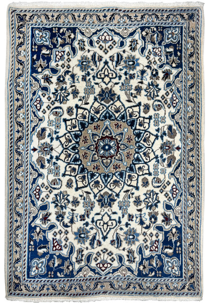 Hand knotted 3 x 4'7 Persian Nain rug with ivory field and blue floral medallion, wool pile and cotton foundation