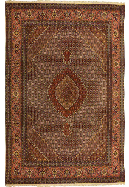 Full view of 6'6 x 10 Persian Tabriz Mahi rug with allover Herati design and earth tone palette