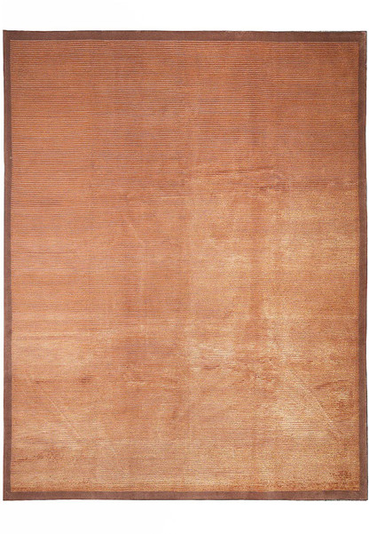 Full view of an 8 x 10'2 handmade modern Tibetan rug in warm brown tones, featuring a textured wool and silk surface with a soft luminous finish