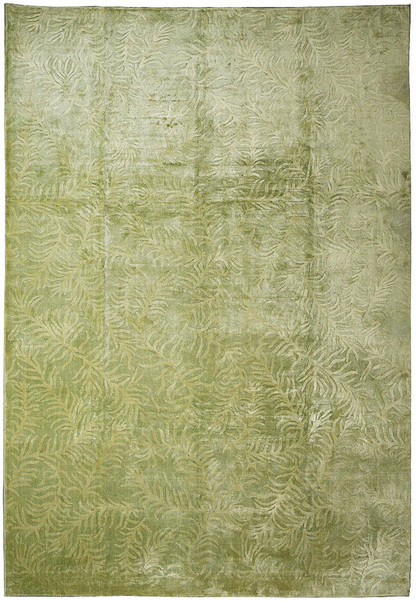 Full view of a 9 x 12'4 modern olive sage green rug featuring an allover abstract botanical pattern with sculpted wool and silk texture.