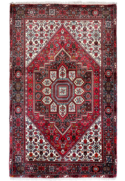 Full view of a 3'4 x 5'5 authentic Persian Gholtogh rug showing a deep red field, large octagonal medallion, ivory highlights, and dense tribal detailing