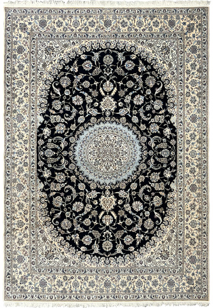 7 x 10 Persian Nain 6 LA Habibian signed silk rug with navy field, ivory border, circular medallion, fine floral detailing, and luminous silk pile