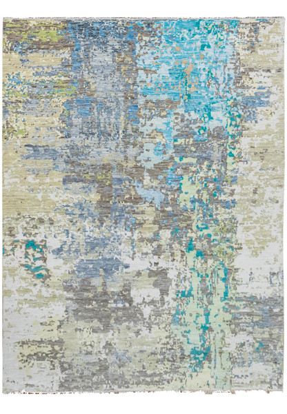 Modern handmade Nepali abstract wool rug measuring 12 x 14'7, featuring layered soft blue, ivory, gray, and beige tones with a contemporary painterly pattern.