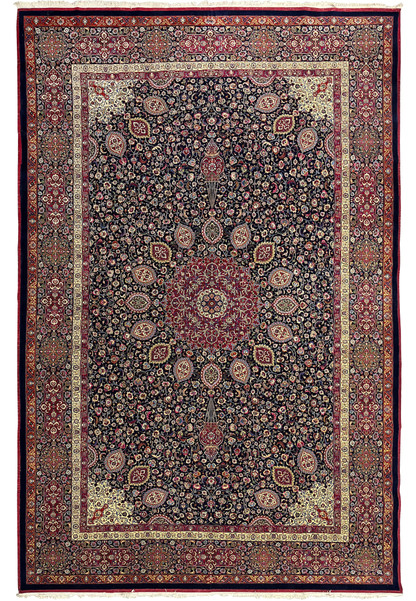 Full view of 11.4 x 16.6 Persian Mashad rug signed by Sheshkalani, featuring navy floral field, red medallion, kork wool pile, silk details, and classic borders.