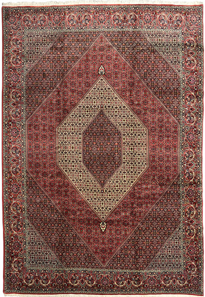 Full view of a 9'8 x 13'7 Persian Bijar iron rug showing a dense geometric field, layered borders, deep brick red tones, and firm wool structure