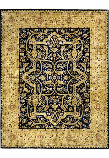 Full view of an 8' x 10' distressed Oriental Agra rug made in India, featuring a navy floral field, antique gold borders, visible wear, and repaired edges