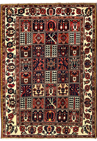 Full view of a 7'4 x 10'1 Persian Bakhtiar garden rug featuring ivory borders and colorful pictorial square panels in red and navy