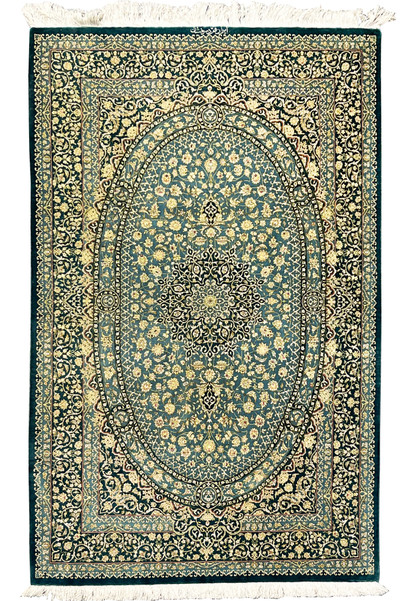 Full view Persian Qum pure silk signed Darakhshan rug with oval medallion, teal field and intricate floral border