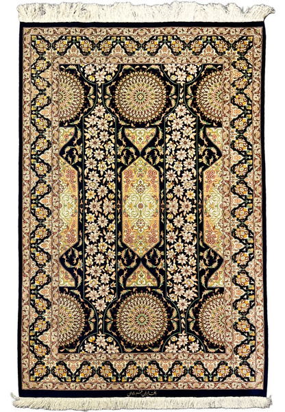 Persian Qum pure silk rug full view navy field with floral panels rosette medallions ivory flowers and intricate signed border handmade 1000 KPSI