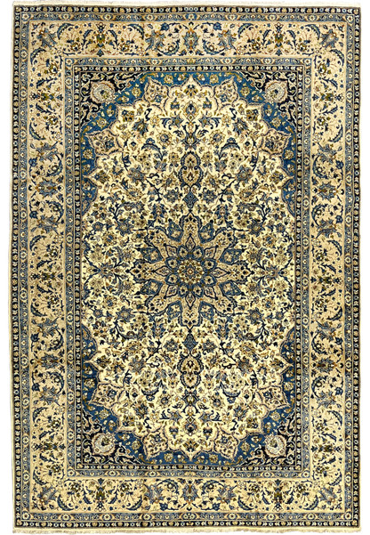 10'2 x 14'3 Persian Kashan rug full view with ivory field navy floral border and intricate central medallion handmade wool carpet from Persia