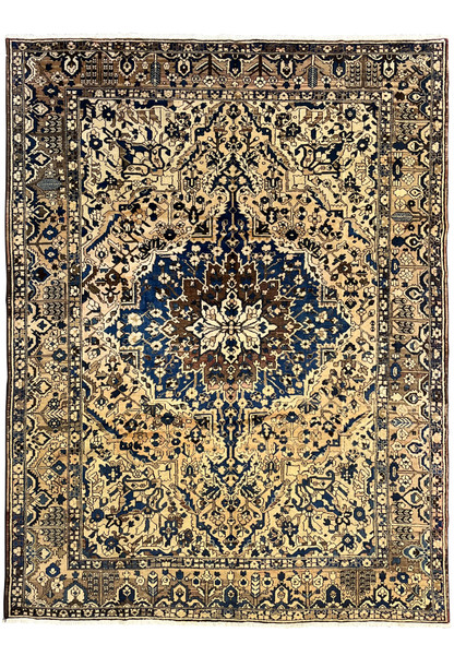 11 x 13'3 vintage geometric Persian Heriz rug in muted navy and ivory featuring bold central medallion and large ivory field with tribal border